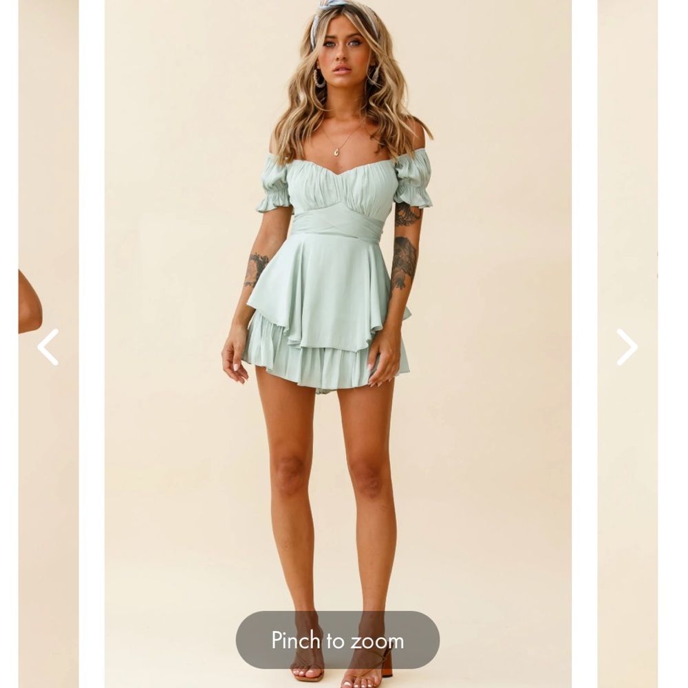 Selfie Leslie - Off the Shoulder Tie Back Romper Pisachio Size: M
